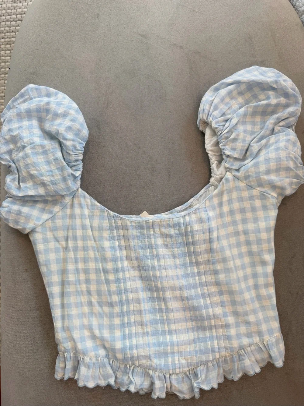 LoveShackFancy Light Blue and White Gingham Puff Sleeve Top